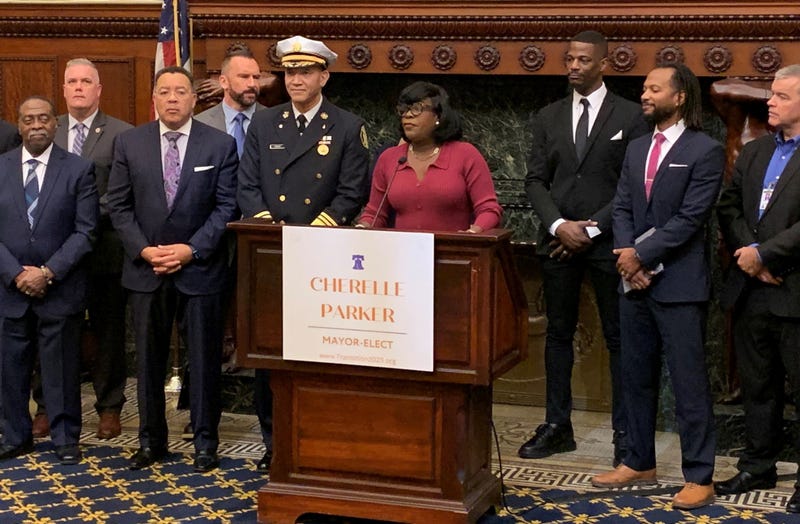 Mayor-elect Cherelle Parker (center) named Craig Murphy and Adam Geer (second from right) as acting fire commissioner and chief public safety director, respectively