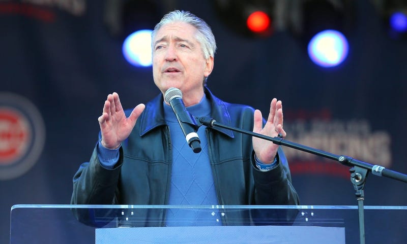 Cubs radio announcer Pat Hughes speaks during the team's World Series victory rally in Grant Park in 2016.