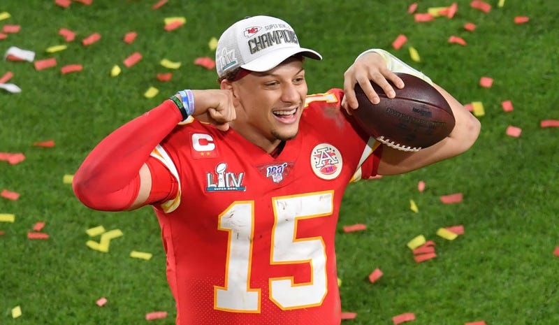 Chiefs quarterback Patrick Mahomes celebrates after Kansas City won the Super Bowl.