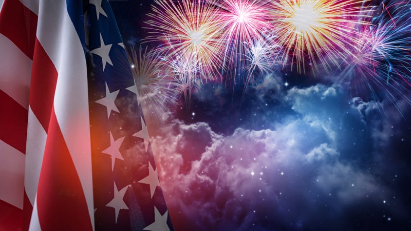 American flag and fireworks with night sky background