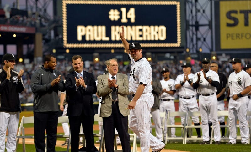 Paul Konerko waves during a pregame ceremony ahead of his final game with the White Sox in 2014.