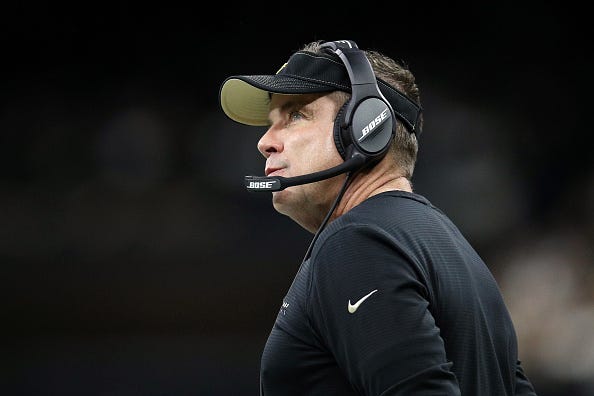 Sean Payton looks on from the Saints sideline. 