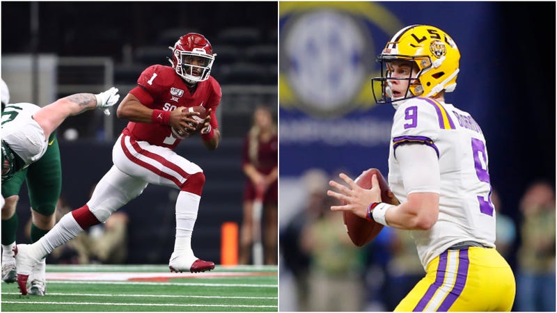 Jalen Hurts (l.) evades a tackle while Joe Burrow (r.) looks for a receiver. 
