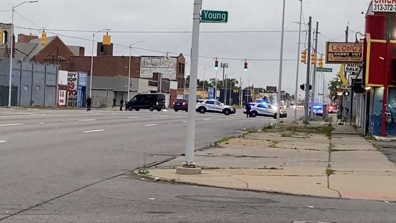 Police scene on Gratiot Avenue where pedestrian crash occurred.