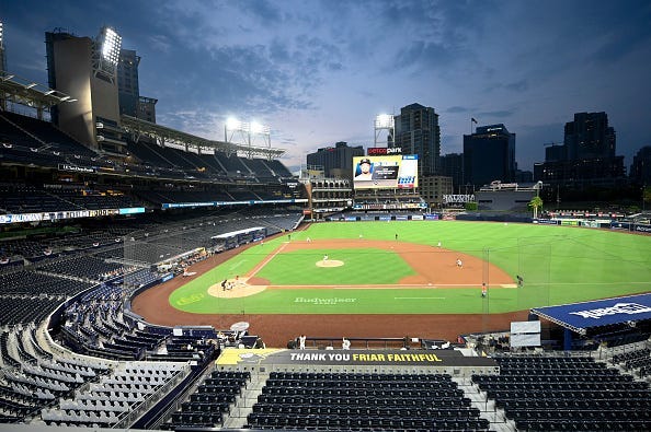 Overhead view of Petco Park at dusk