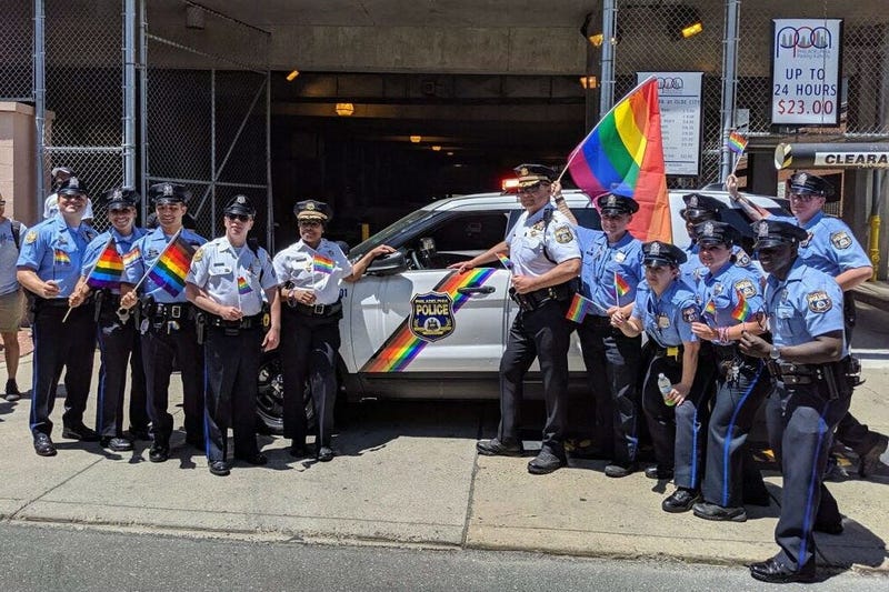 Philadelphia police officers marched in uniform in the 2019 Philadelphia Pride Parade.