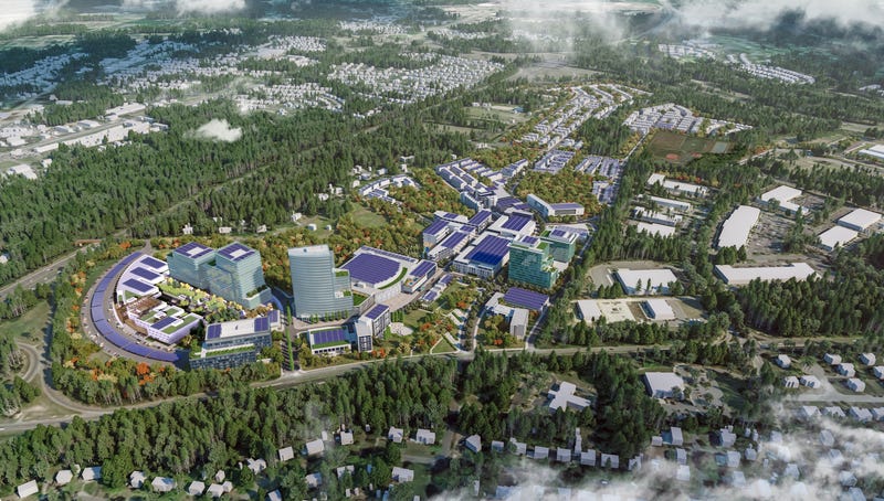 a 3d rendering of a high-tech complex of buildings
