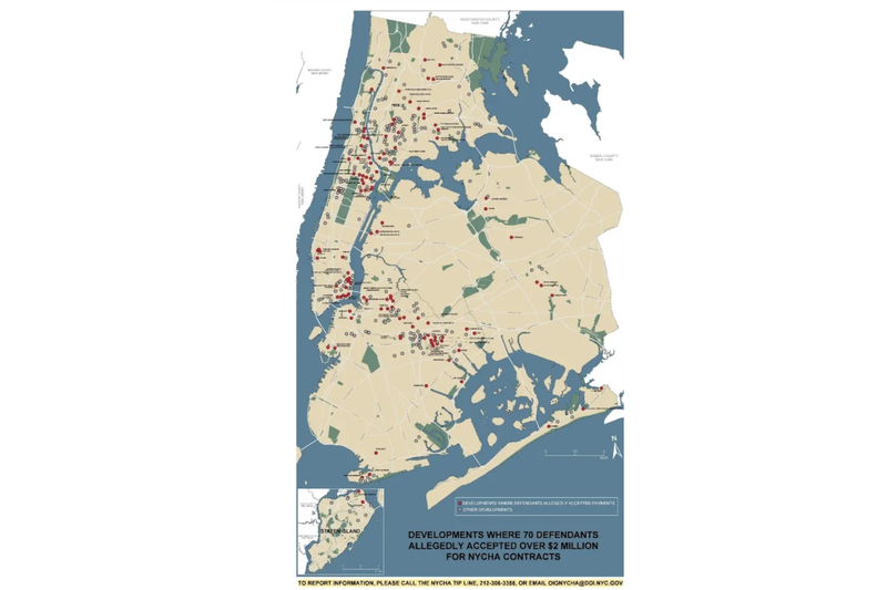 A map provided by the DOJ shows the developments (in red) where NYCHA staffers allegedly accepted bribes. Prosecutors said they made up nearly a third of developments citywide. 