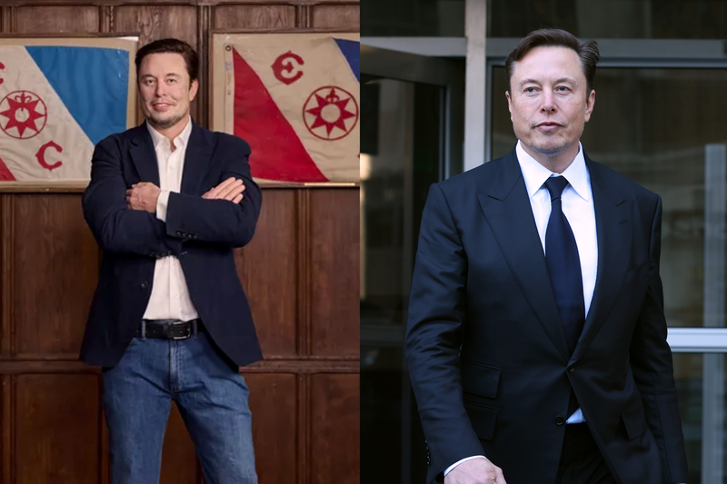 Wax figure of Elon Musk at Madame Tussauds (left) in New York and a photo of Musk himself (right).