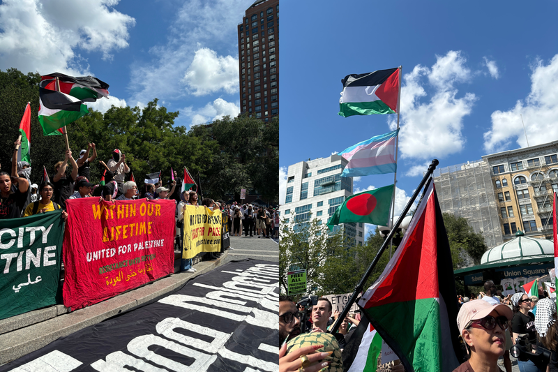 Hundreds gathered in Union Square for a pro-Palestinian demonstration on Labor Day. 
