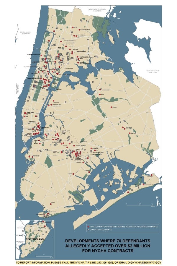A map provided by the DOJ shows the developments (in red) where NYCHA staffers allegedly accepted bribes. Prosecutors said they made up nearly a third of developments citywide
