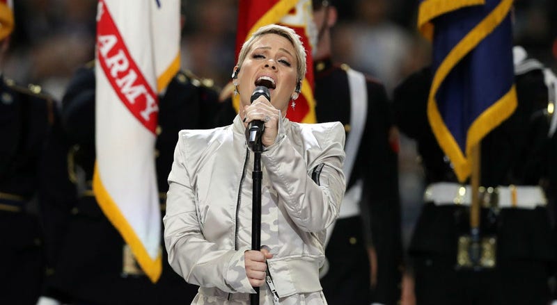 Pink sings the national anthem prior to Super Bowl LII between the New England Patriots and the Philadelphia Eagles at U.S. Bank Stadium in Minneapolis, Feb 4, 2018.