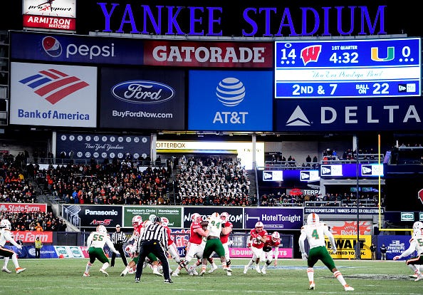Miami and Wisconsin play in the 2018 Pinstripe Bowl. 