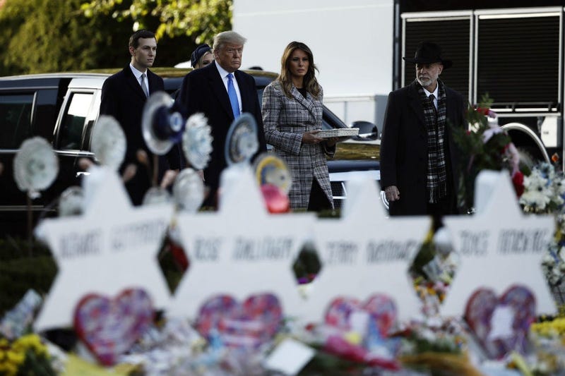 President Donald Trump, first lady Melania Trump, Ivanka Trump and Jared Kushner visit a memorial outside Pittsburgh's Tree of Life Synagogue in Pittsburgh, Tuesday, Oct. 30, 2018. 