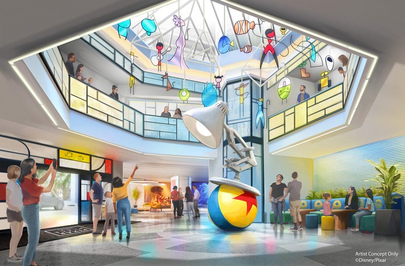 Disney’s Paradise Pier Hotel is being transformed into Pixar Place Hotel at Disneyland Resort in Anaheim, Calif., and this artist rendering shares a glimpse of the new Pixar Ball and Lamp sculpture and character mobile that will be in the lobby. When the hotel officially transforms into Pixar Place Hotel on Jan. 30, 2024, it will weave the artistry of Pixar into a comfortable, contemporary setting.