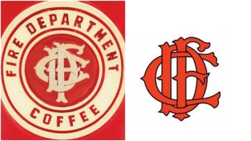 Fire Dept. Coffee logo on a mug (left) and the Chicago Fire Department mark (right). 