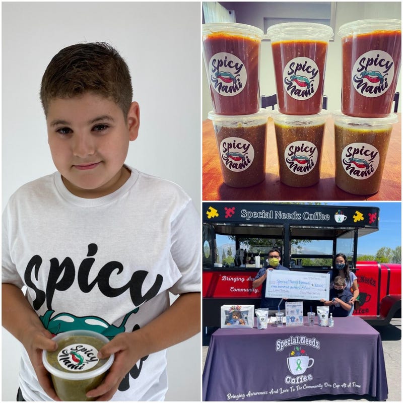 Pictured: (left) Flor's son holding salsa, top photo: spicy salsas, bottom photo: family at salsa set up)