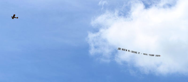 A banner plane files over the Chase Center in Wilmington, DE, Thursday, August 20, 2020. This facility is the home for the Democratic National Convention. Wilmingtondnc0820a