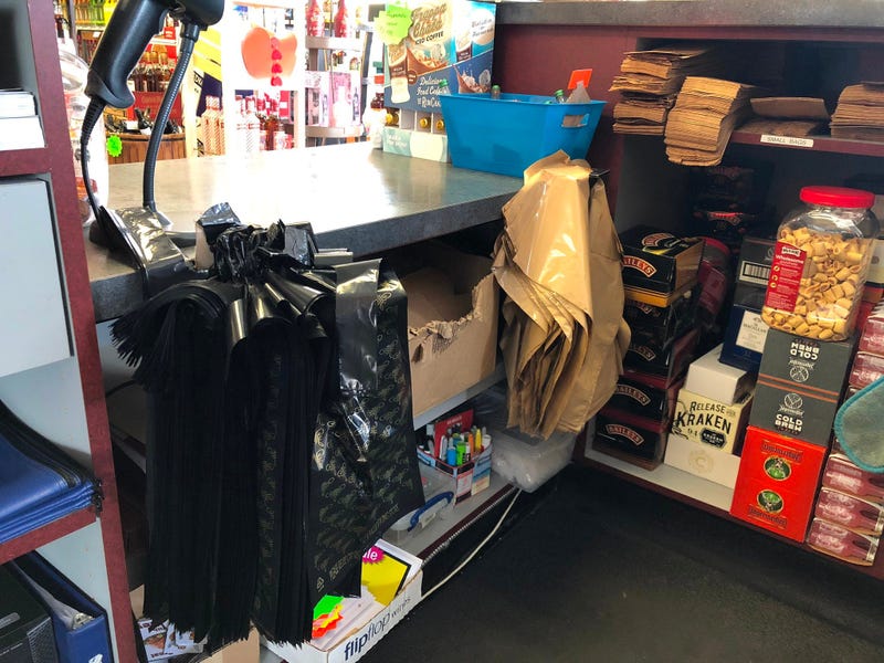 Plastic bags at Straight Up Wines & Liquors in Kenmore. January 24, 2020 (WBEN Photo/Mike Baggerman)