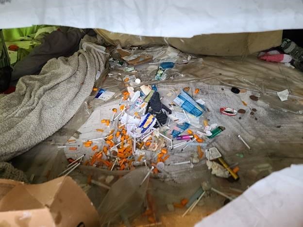 A closeup of the encampment where Mayor Adams said 500 hypodermic needles were found