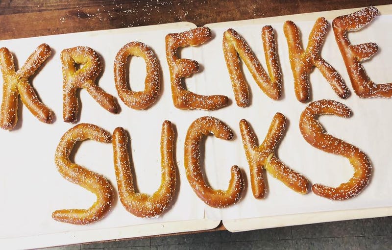 Pretzel Boy's photo on social media of "Kroenke sucks" pretzel.