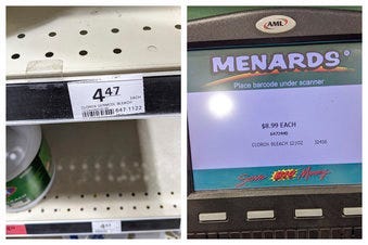 This combination of photos made by investigators with the Michigan Attorney General's Office shows a $4.47 shelf price sticker for a gallon of Clorox bleach and $8.99 on a price scanner for the same item. (Michigan Attorney General's Office via AP)
