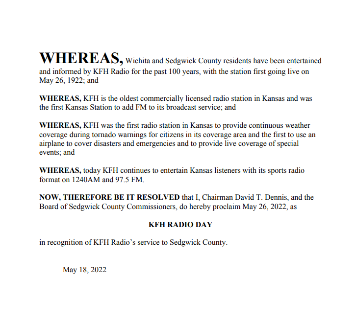 Proclamation for KFH Radio Day