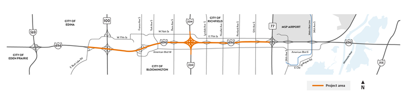 A map of this coming weekend's construction project along 494 in Bloomington.