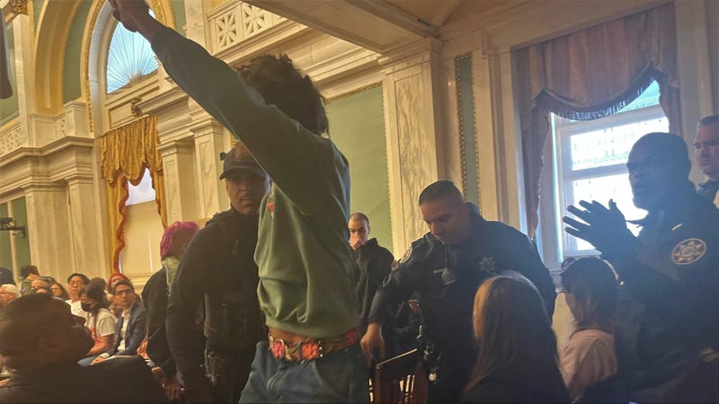 Sheriffs escort a protester out of City Council chambers.