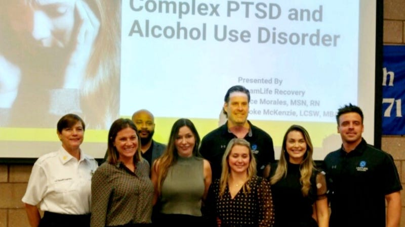 From left to right: PFD Battalion Chief Anne Marie Lewandowski; Lidice Morales from Dreamlife; PFD Professional Standards Officer Kyle Bosket; Karen Bucca-Lee, Director of PFD's EAP; Brooke McKensie and Diana Dubbs Dreamlife; Dominck Schiavone and Chris Therien with Limitless Recovery. This group ran the seminar at the Fire Academy.