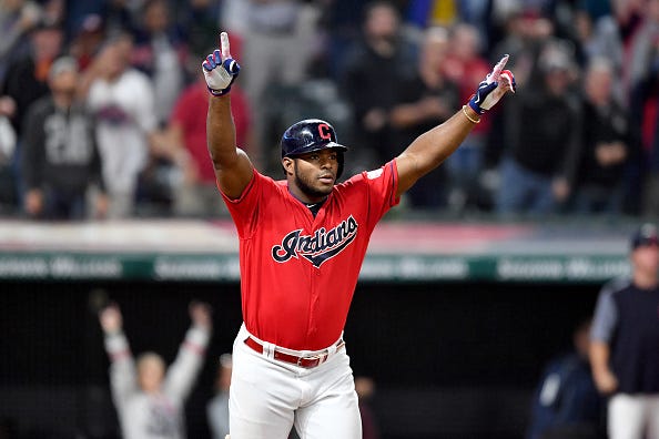 Yasiel Puig celebrates a home run while with the Indians. 