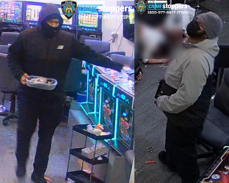 Images appear to show gambling machines and a suspect standing over one of the victims (blurred) at the location