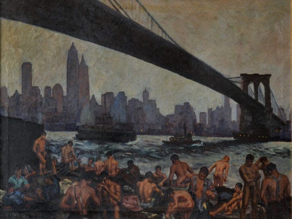 Edward Casey, Stevedores Bathing Under Brooklyn Bridge, 1939