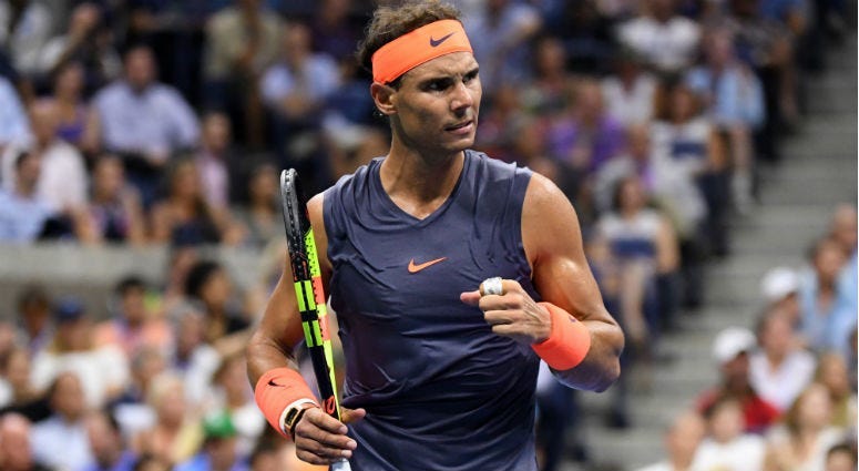 Rafael Nadal  reacts after a point against Dominic Thiem in a U.S. Open quarterfinal match on Sept. 4, 2018, at USTA Billie Jean King National Tennis Center. 