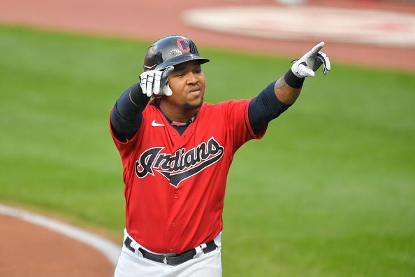 Jose Ramirez celebrates a home run with the Indians.