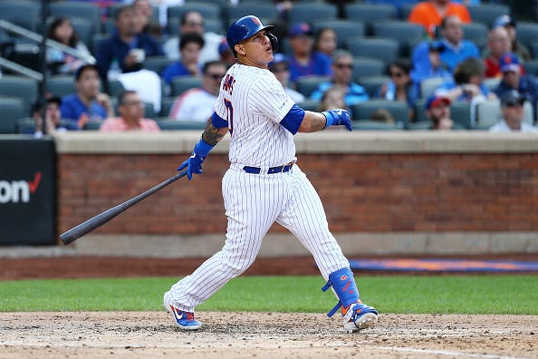 Wilson Ramos watches as he launches a ball into the seats. 