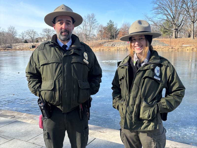 Sergeant Daniel Tainow (L) and ranger Victoria Mezik (R) talked to 1010 WINS about he rescue of two teens who fell through the ice on Crotona Lake in the Bronx.