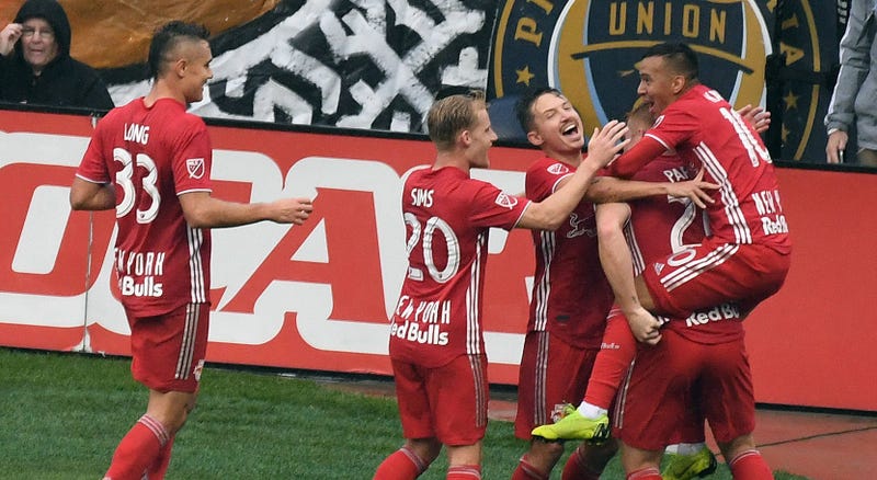 Red Bulls defender Aaron Long (33) celebrates with teammates after scoring a goal against Columbus Crew SC in the second leg of their Eastern Conference semifinal on Nov. 11, 2018, at Red Bull Arena.