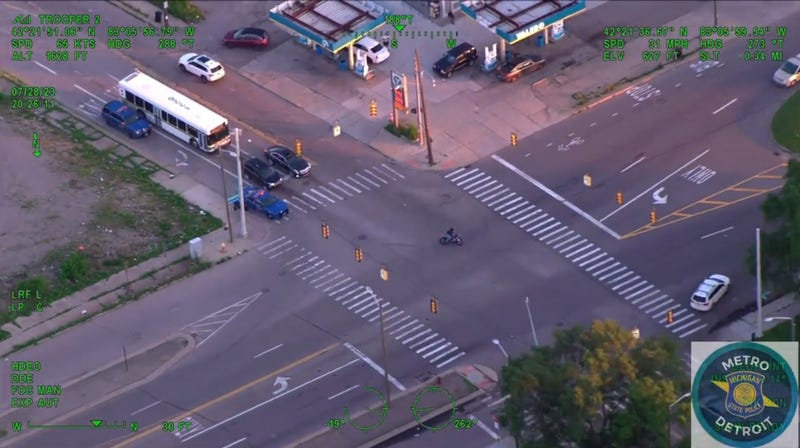 Motorcycle driver fleeing Michigan State Police in Redford Township into Detroit. Screenshot taken from video provided by MSP Trooper 2 helicopter.