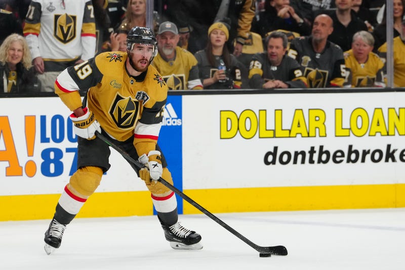 Reilly Smith skates with the puck against the Florida Panthers in game five of the 2023 Stanley Cup Final