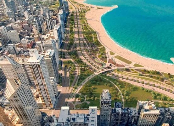 Renderings of reimagined Lake Shore Drive and Chicago lakefront.
