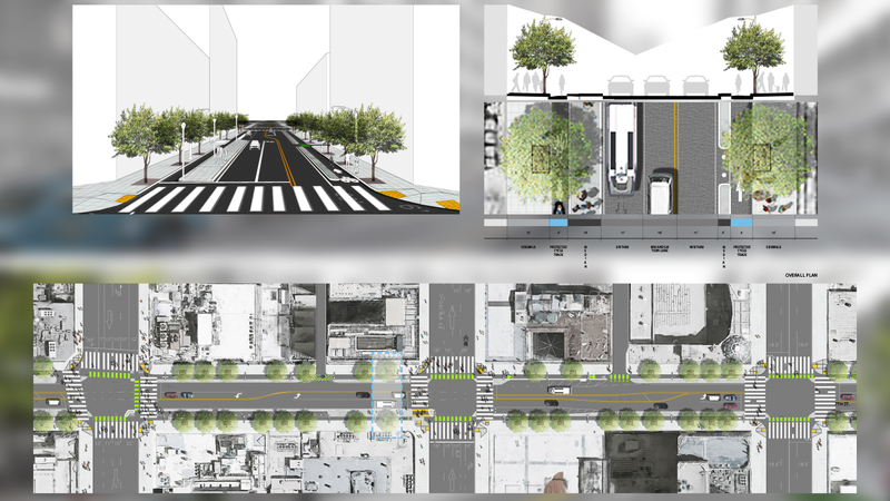 Concept rendering of an $18.7 million plan that is set to overhaul the 7th Street corridor, starting from San Pedro Street in Skid Row and ending westward at the Downtown Los Angeles' shopping area at Figueroa Street. Councilmember Kevin de León broke ground on the project on April 4, 2022.