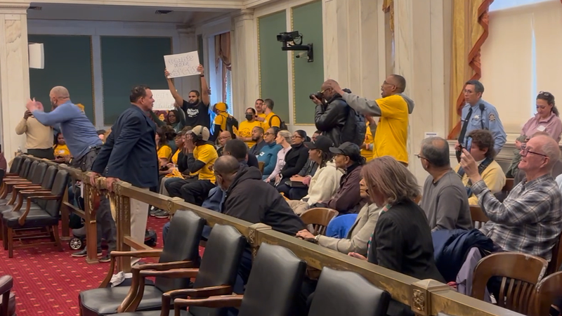 The scene inside City Council chambers during a committee hearing, as supporters and opponents of a renters' protection bill make their voices heard.