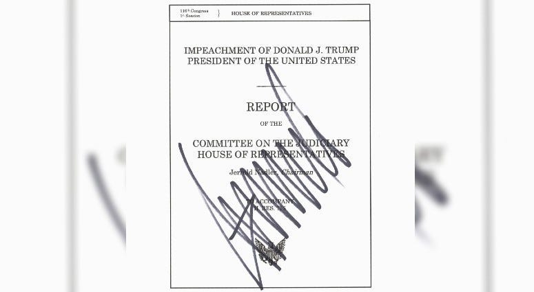 Photo of impeachment report authored by House Democrats, with the president’s signature on the cover page.