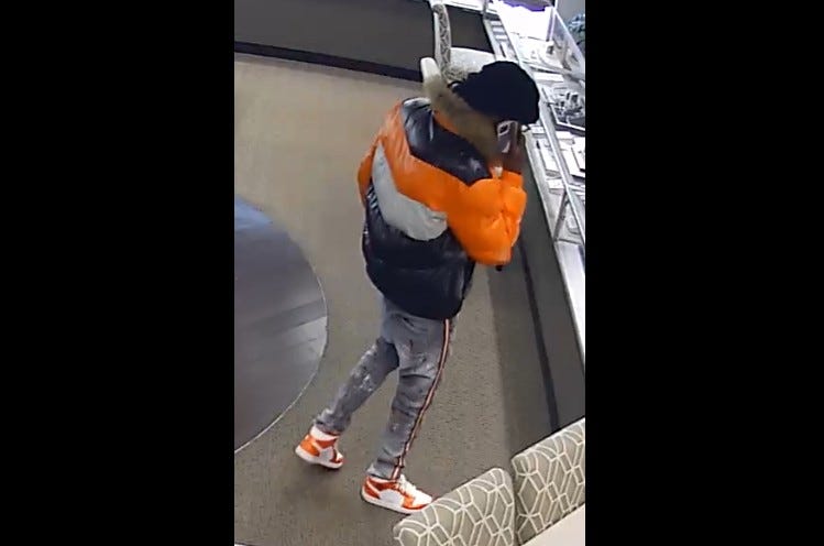 Authorities are searching for a suspect who they say stole two rings from a jewelry store in Monroe on Wednesday afternoon.