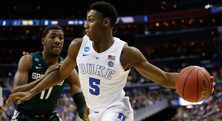 Duke forward RJ Barrett drives to the basket against Michigan State in the East regional final of the NCAA tournament on March 31, 2019, at Capital One Arena in Washington, D.C. 