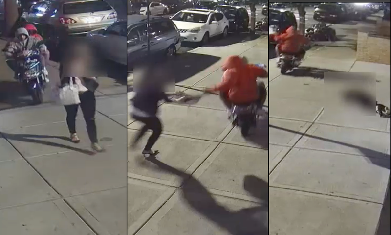 Shocking shows the two suspects riding up behind the woman, snatching her purse and pulling her along the sidewalk