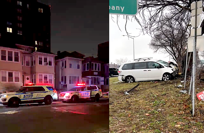 Left: NYPD officers at the scene of a robbery in Jackson Heights early Tuesday morning. Right: The suspects' crashed minivan in University Heights
