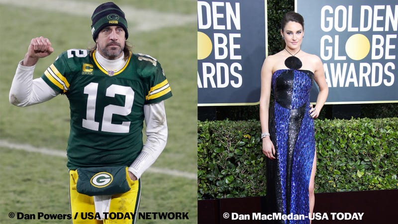 Aaron Rodgers on the field after a victory and Shailene Woodley on the red carpet at the Golden Globes