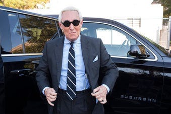 FILE - In this Nov. 6, 2019 file photo, Roger Stone arrives at Federal Court for the second day of jury selection for his federal trial, in Washington. (AP Photo/Cliff Owen)